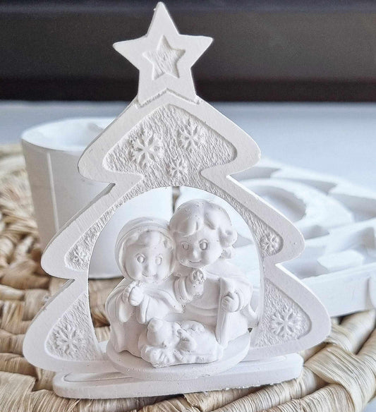 Moldura de presépio 3D em forma de árvore, com base e estrela no topo