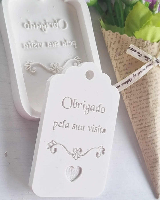 Etiqueta de moldagem branca «Obrigado pela sua visita», com moldura floral e coração