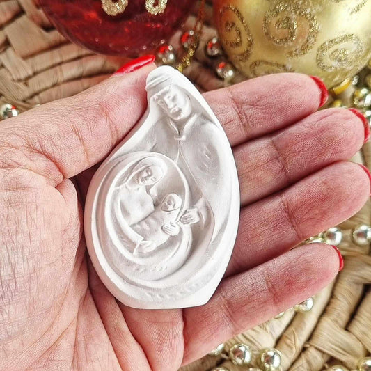 Molde pequeno oval branco para presépio, relevo do Menino e Nossa Senhora