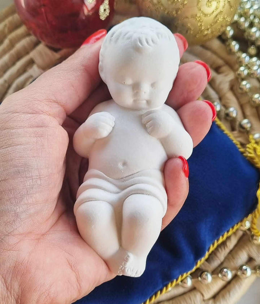 Molde grande de menino Jesus, figurina branca com pernas dobradas