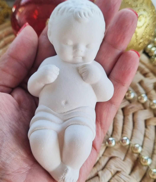 Molde grande de menino Jesus, figurina branca com mãos ao peito