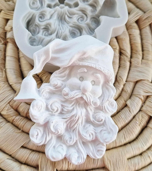 Moldes de cabeça do Pai Natal em relevo, branco, com detalhe de barba e bigode