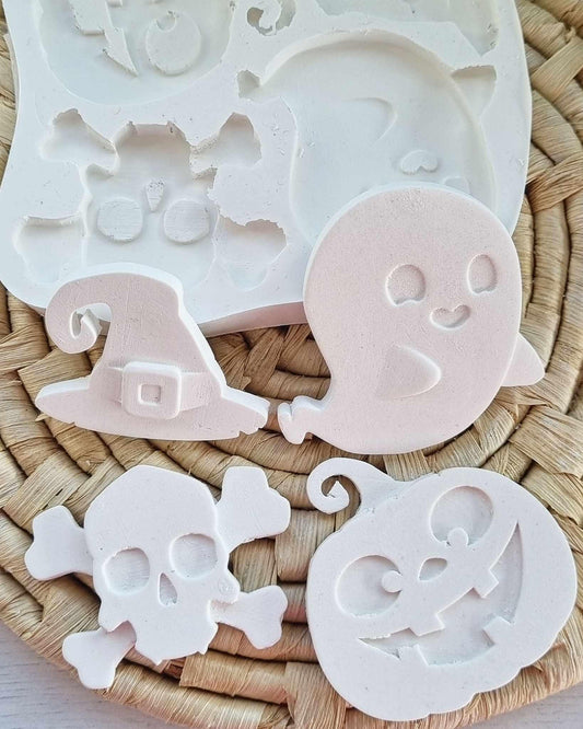 Molde de Halloween em silicone branco com silhuetas de gato e fantasma