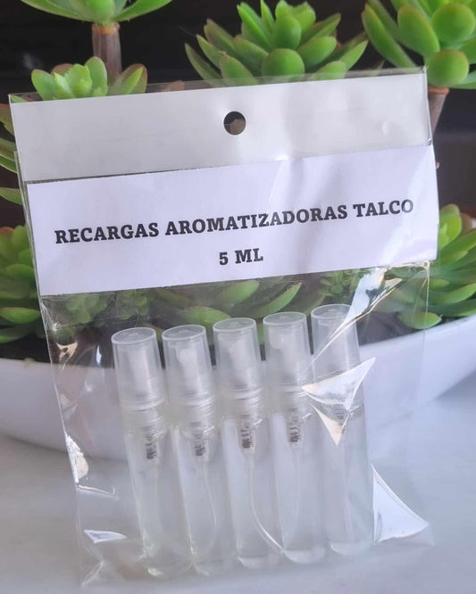 Conjunto de 5 recargas aromatizadoras Talco, frascos de 5 ml em caixa