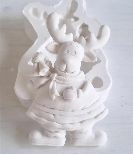 Molde de rena decorativa branca, figura com cachecol e saco