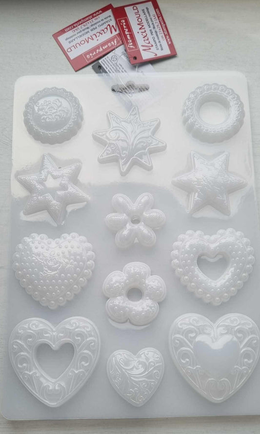 Moldes em PVC flexível Stamperia com formas de estrelas e corações em relevo