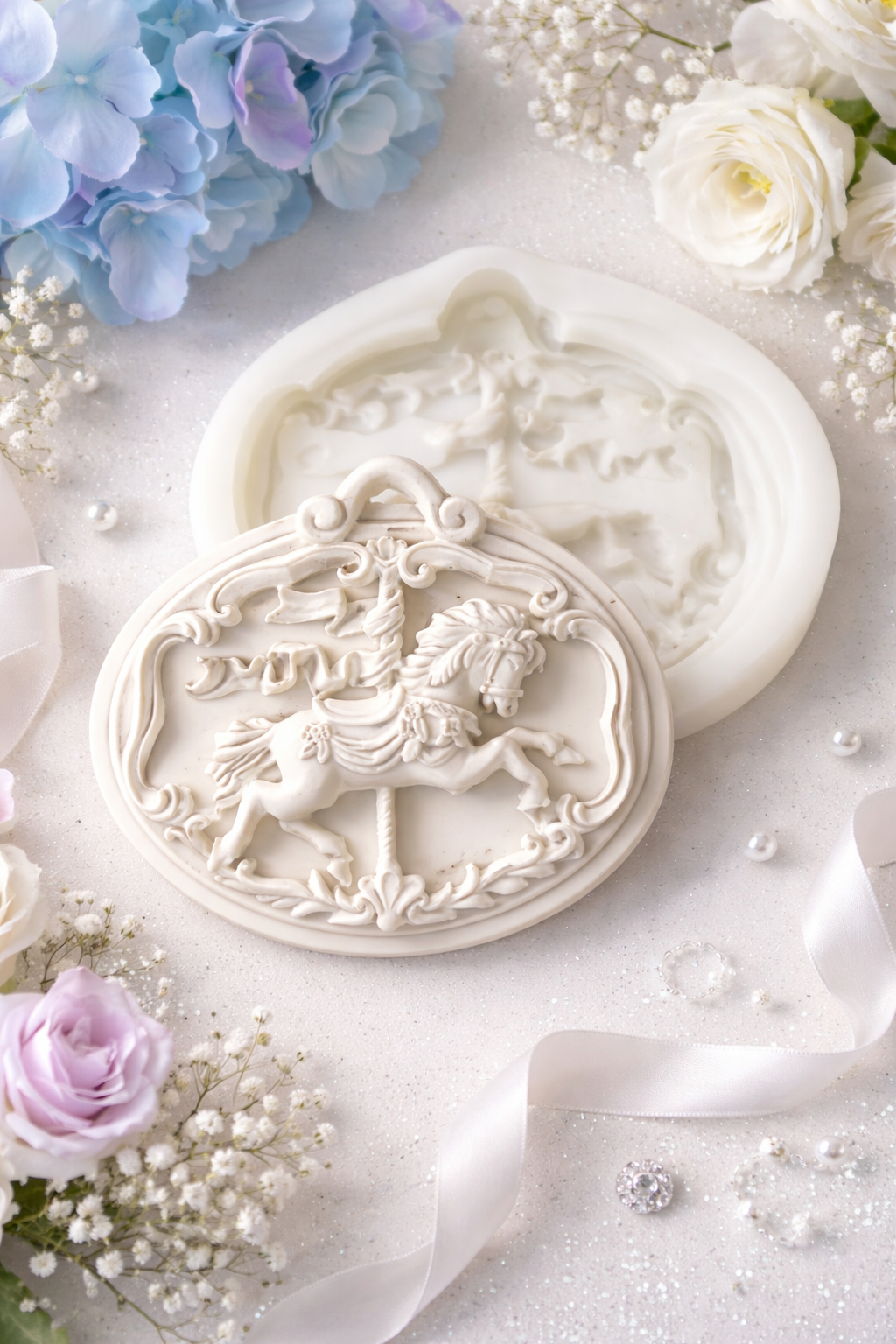 Molde oval branco com cavalo em relevo e moldura ornamental