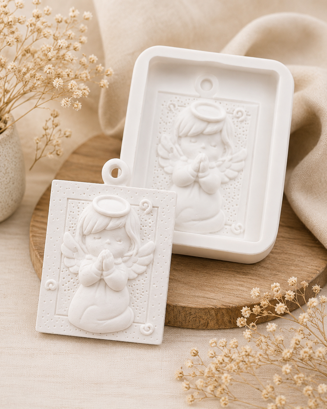 Molde de patela em forma de anjo, com relevo branco e encaixe quadrado