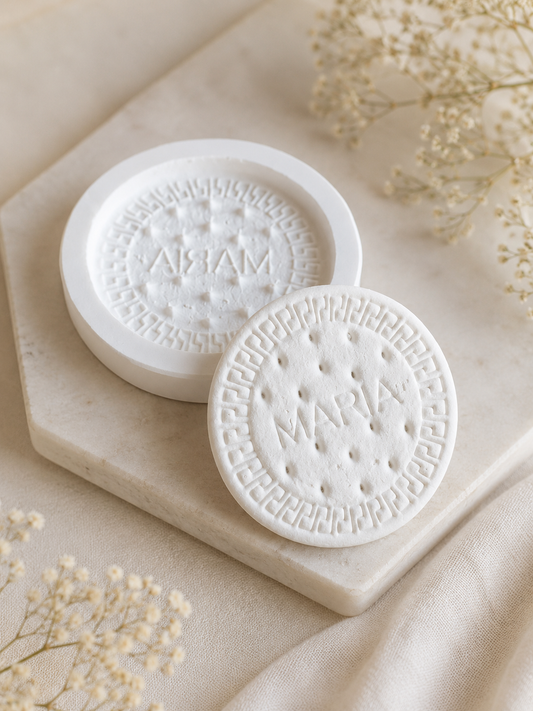 Molde para bolachas Maria redondo, carimbo circular branco com padrão decorativo