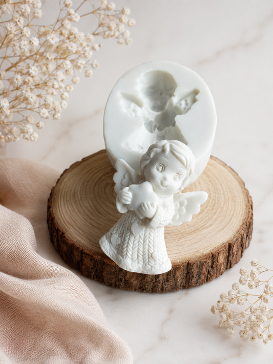Molde 2D de anjo com estrela em relevo, figura branca