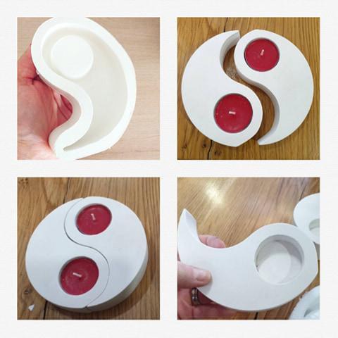 Molde yin-yang branco com duas cavidades e discos vermelhos nas formas