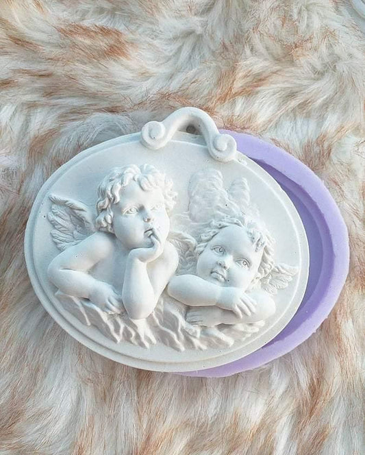Moldes de silicone para patela com 2 anjos, formato oval, cor branca e azul