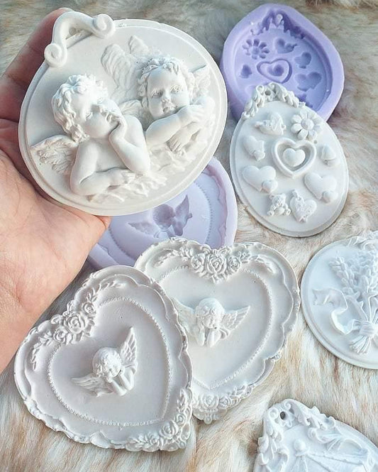 Moldes de silicone com anjos e corações, conjunto oval e redondo, cor branca e lilás