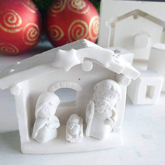 Molde de presépio cabana branco, 4 peças, com figuras no interior