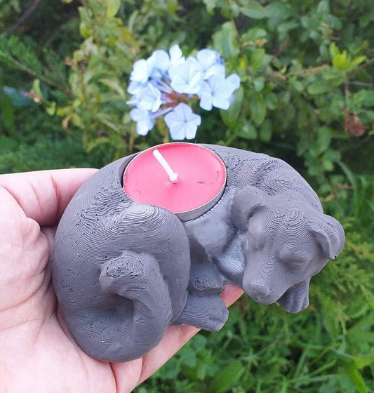 Cão porta-vela cinzento com vela rosa sobre taça metálica