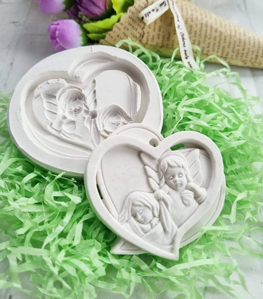 Moldes de coração para bebé e anjo da guarda, com relevo de anjos e asas