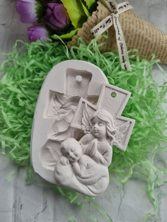 Molde em silicone em forma de cruz, com anjo da guarda e bebé em relevo, branco