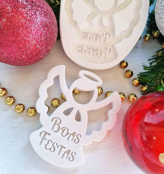 Molde de anjo branco com texto “Boas Festas”