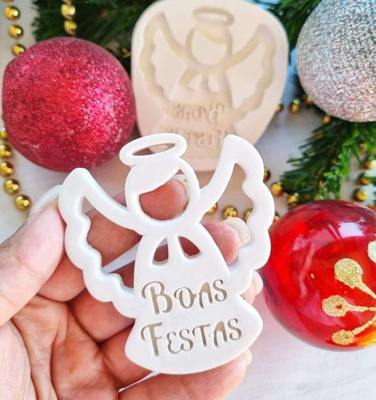 Molde de anjo branco “Boas Festas” na mão, formato recortado