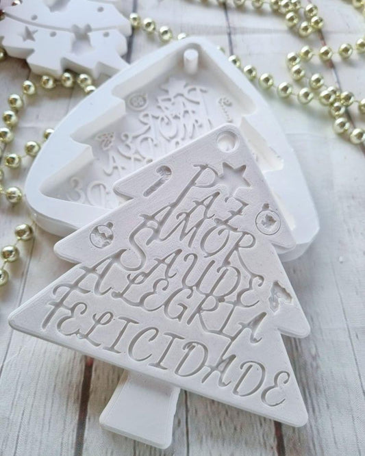 Molde de árvore de Natal branco com inscrição gravada