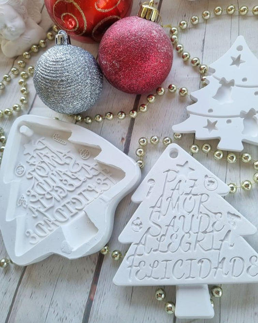 Conjunto de moldes de árvore de Natal brancos com gravações e motivos