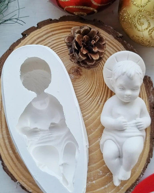 Molde de menino Jesus com auréola grande, com figura infantil branca