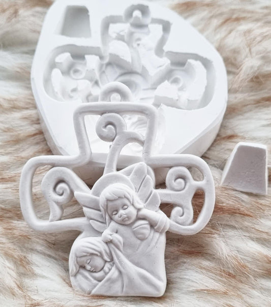Molde de cruz com anjo e duas crianças em relevo branco