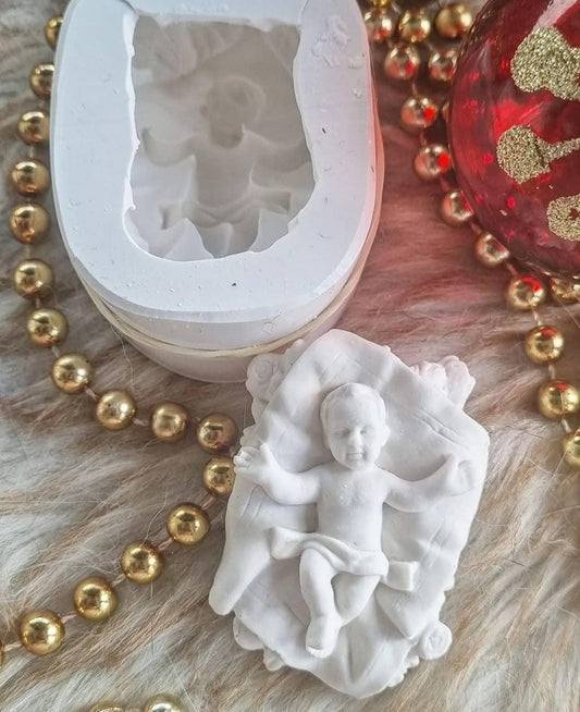 Molde de menino Jesus pequeno com figura em relevo branco e cavidade oval