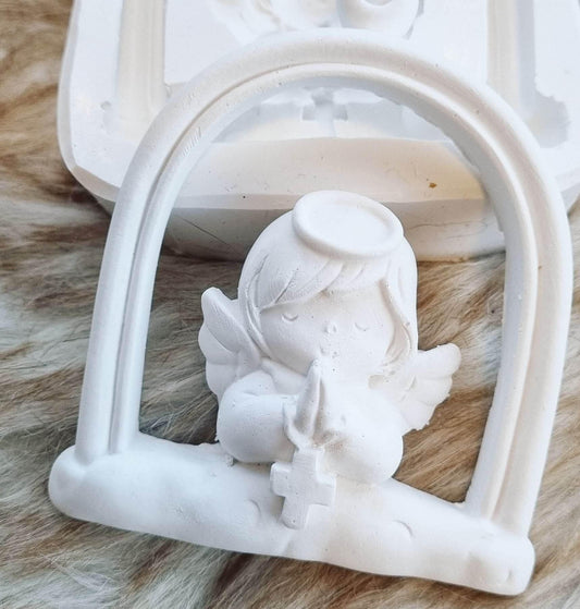 Molde de anjo a rezar com terço, figura em resina branca para fundição