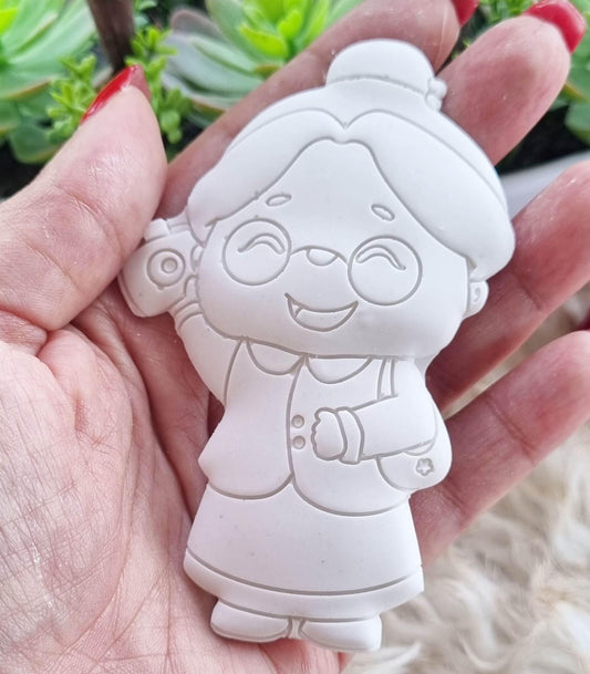 Molde de avó em relevo, figura branca com vestido e cabelo encaracolado