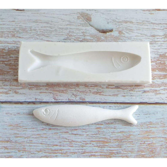 Molde de sardinha pequena com formato de peixe, peça branca em relevo