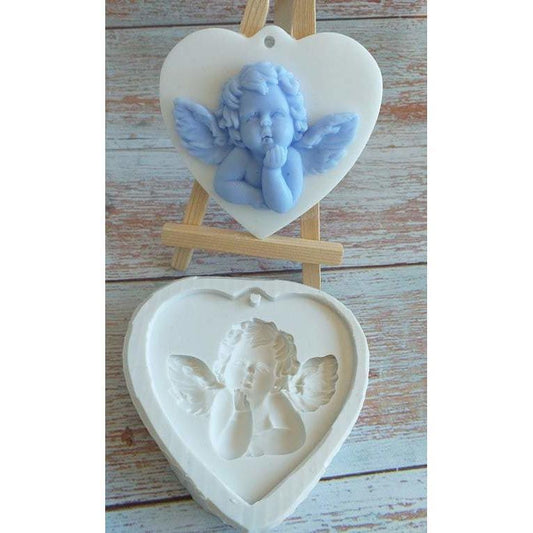Forma em coração com anjo em relevo, azul claro e branco