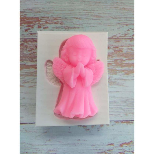 Molde 2D de anjinho menina com figura rosa, anjo com asas e cabelo encaracolado