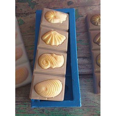 Molde de barra de chocolate azul com cavidades de conchas e peixe em relevo