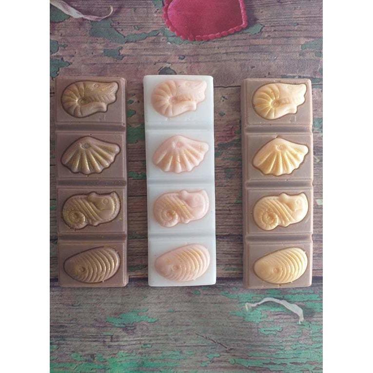 Conjunto de moldes de barra de chocolate cinzento, branco e bege com formas de marisco