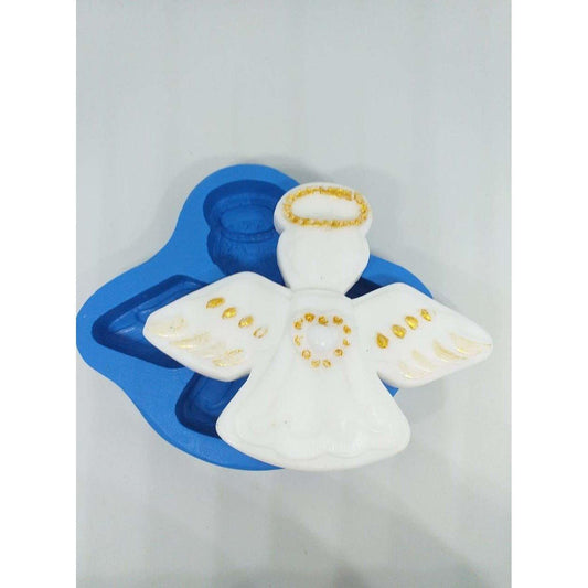 Molde de anjo da guarda branco com asas douradas e base azul