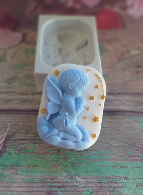 Molde de anjinho para menino, figura de bebé com nuvens e estrelas douradas
