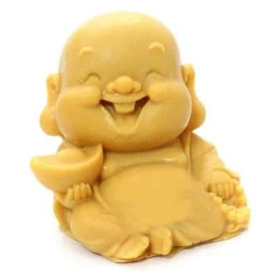 Molde de Buda feliz: figura amarela, sorridente, mãos apoiadas no colo
