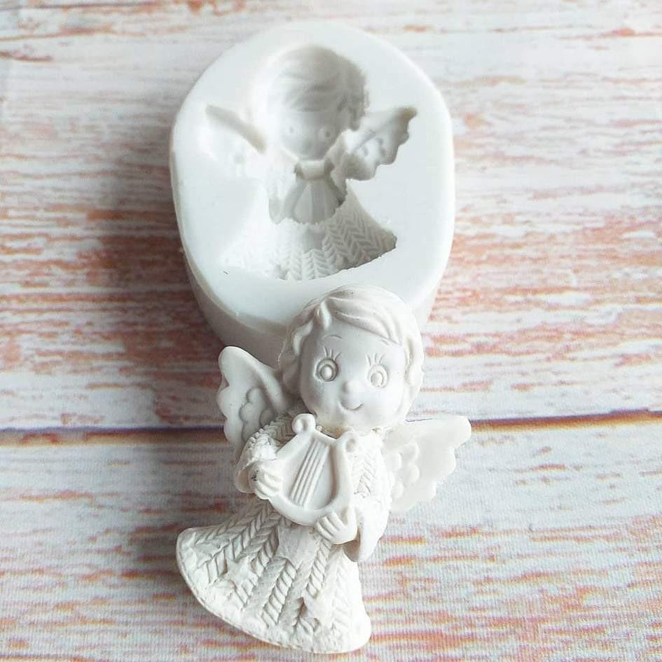 Molde de silicone 2D de anjo com harpa, em relevo, branco