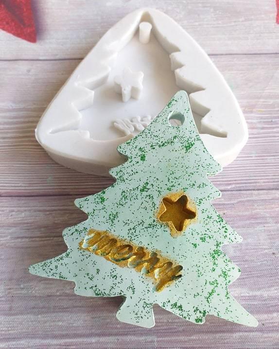 Molde de árvore de Natal Merry em silicone branco, com peça verde em forma de pinheiro