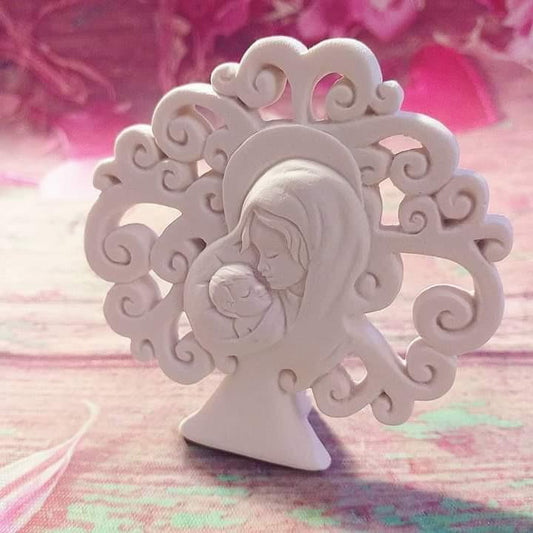Figura decorativa árvore da vida mãe e filho em relevo circular