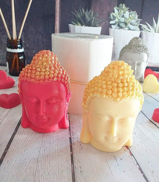 Molde de cabeça de Buda grande, vermelho e amarelo, com textura no cabelo