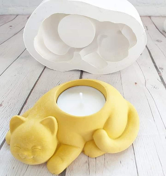 Suporte de vela em silicone em forma de gato, amarelo, com vela circular