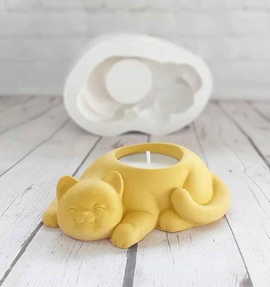 Suporte de vela em silicone em forma de gato, amarelo, com molde branco
