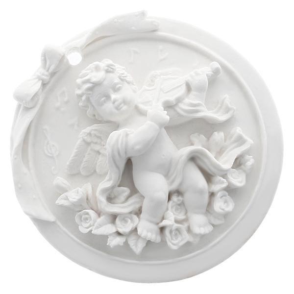Molde redondo com anjo em relevo a tocar violino, moldura e flores, branco