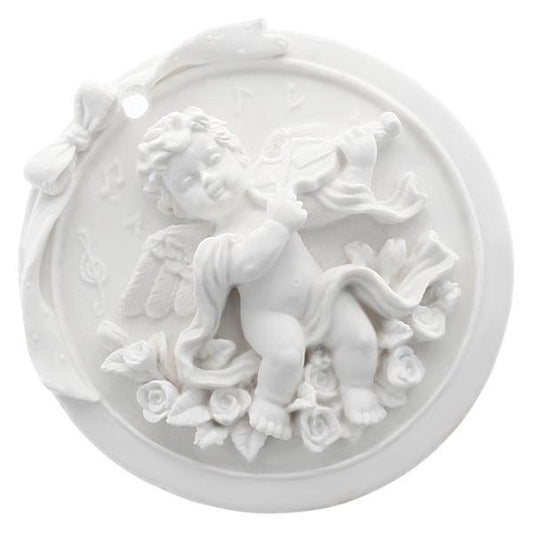 Molde redondo com anjo em relevo a tocar violino, moldura e flores, branco