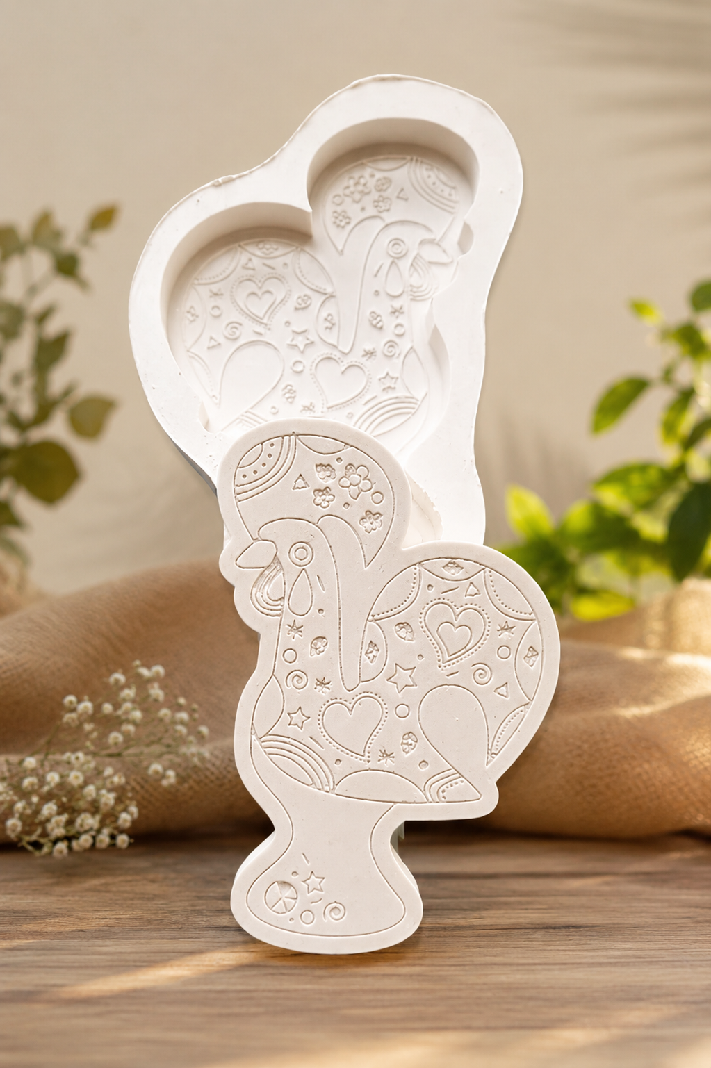 Molde de galo de Barcelos branco com desenhos relevados na forma de ave