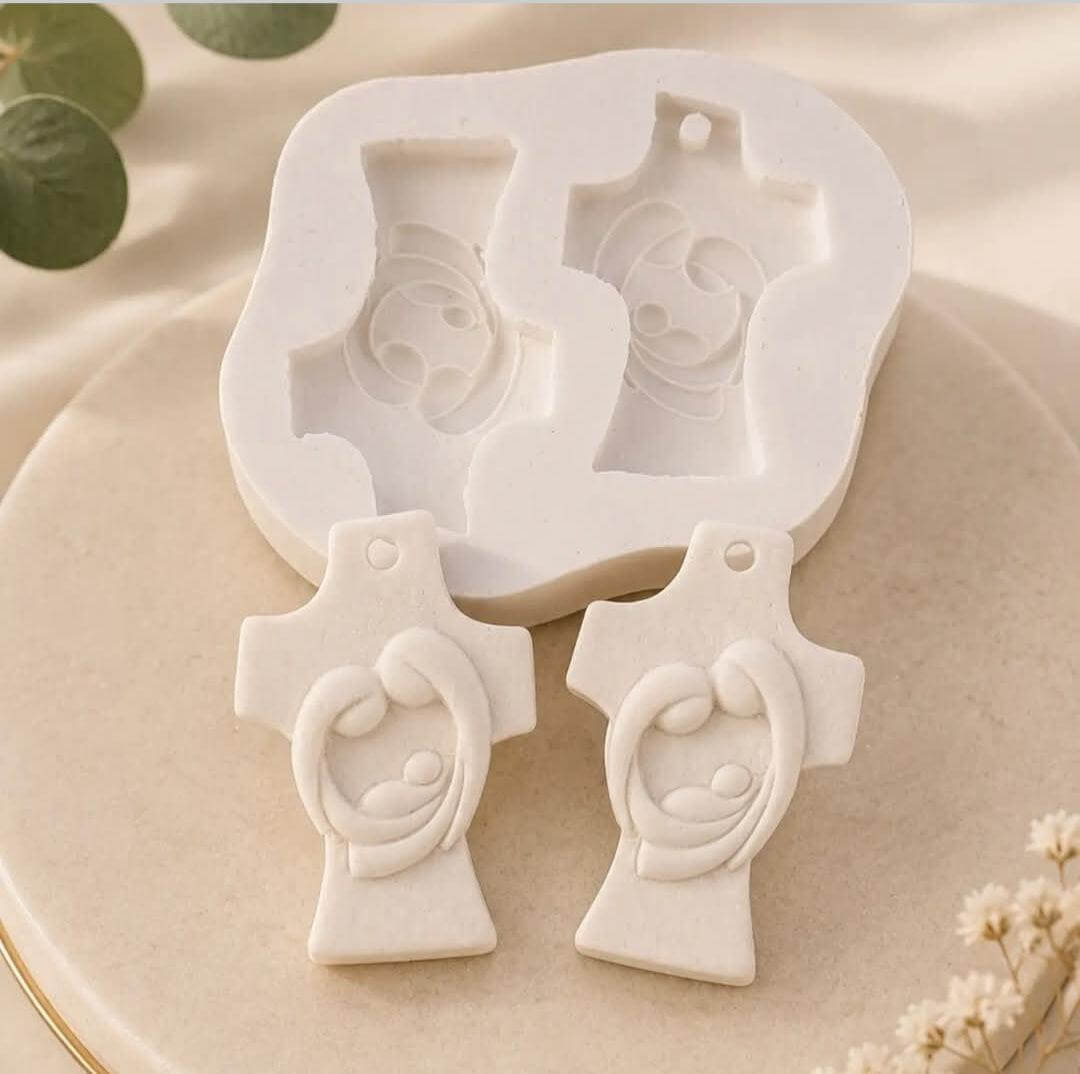 Molde duplo de silicone para presépio em forma de cruz, com quatro figuras em relevo