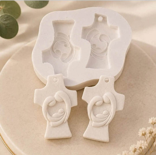Molde duplo de silicone para presépio em forma de cruz, com quatro figuras em relevo
