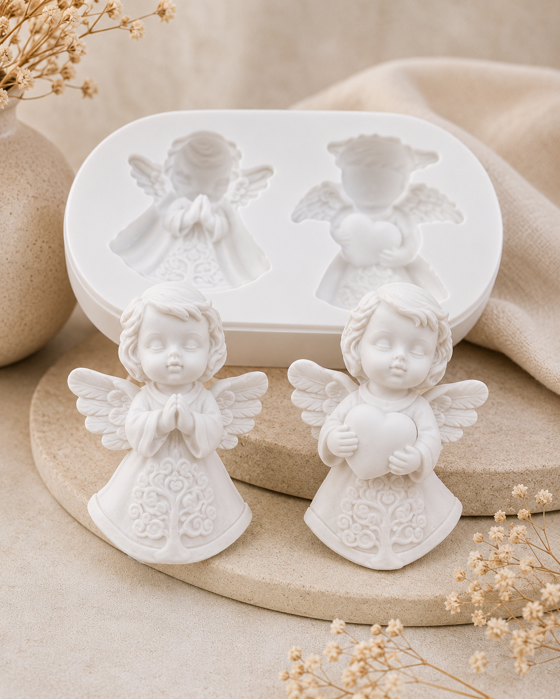 Molde de silicone redondo branco com quatro figuras de anjos em relevo